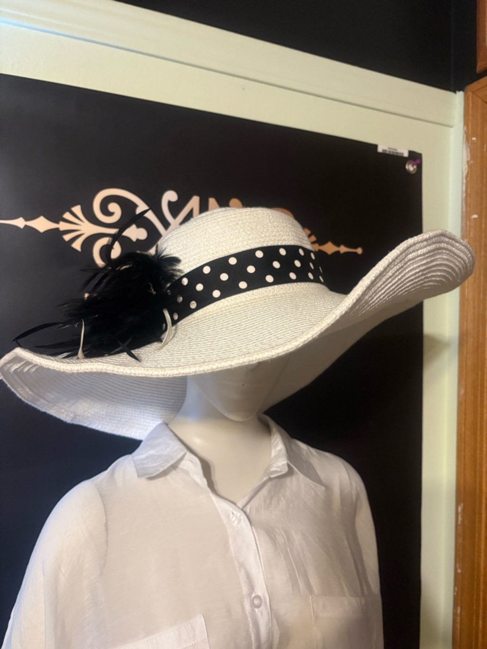 Viviana White Wide-Brim Sun Hat with Black Polka Dot Band and Feather
